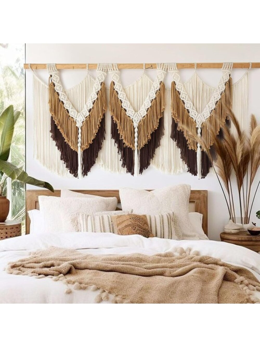 Boho Macrame Wall Hanging with Brown Tassels - Fiber Art Decor 47" W x 25" L